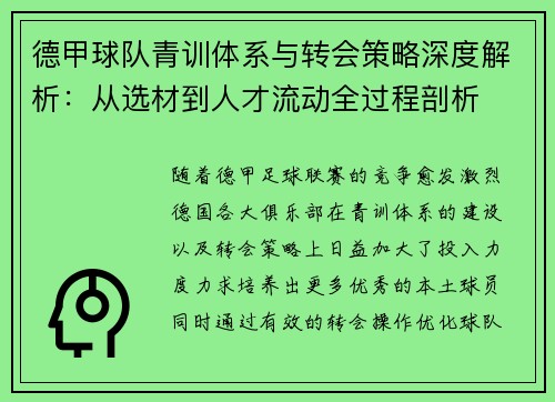 德甲球队青训体系与转会策略深度解析：从选材到人才流动全过程剖析