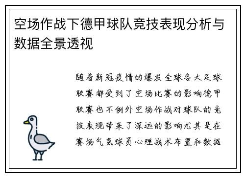 空场作战下德甲球队竞技表现分析与数据全景透视